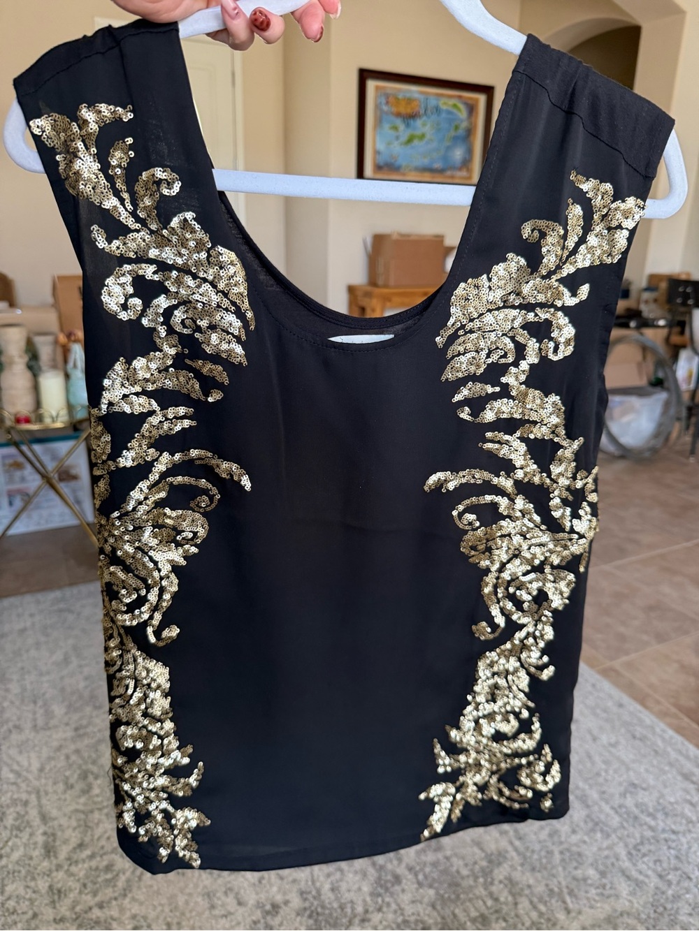 hinge Black Sleeveless Top with Gold Sequin Embellishment